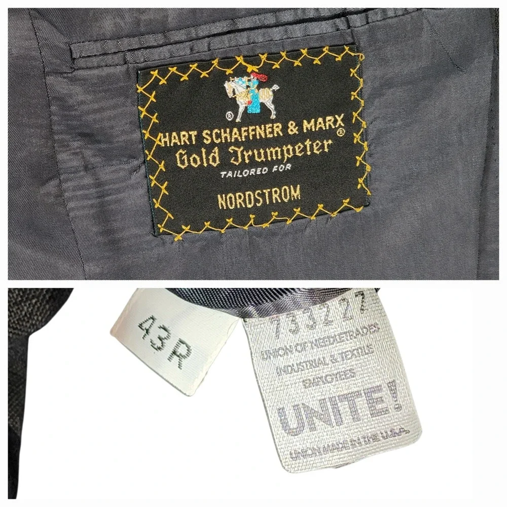 Vtg Hart Schaffner Marx 2 pc Suit 43R 44R Men Gray Gold Trumpeter Wool USA 38x28